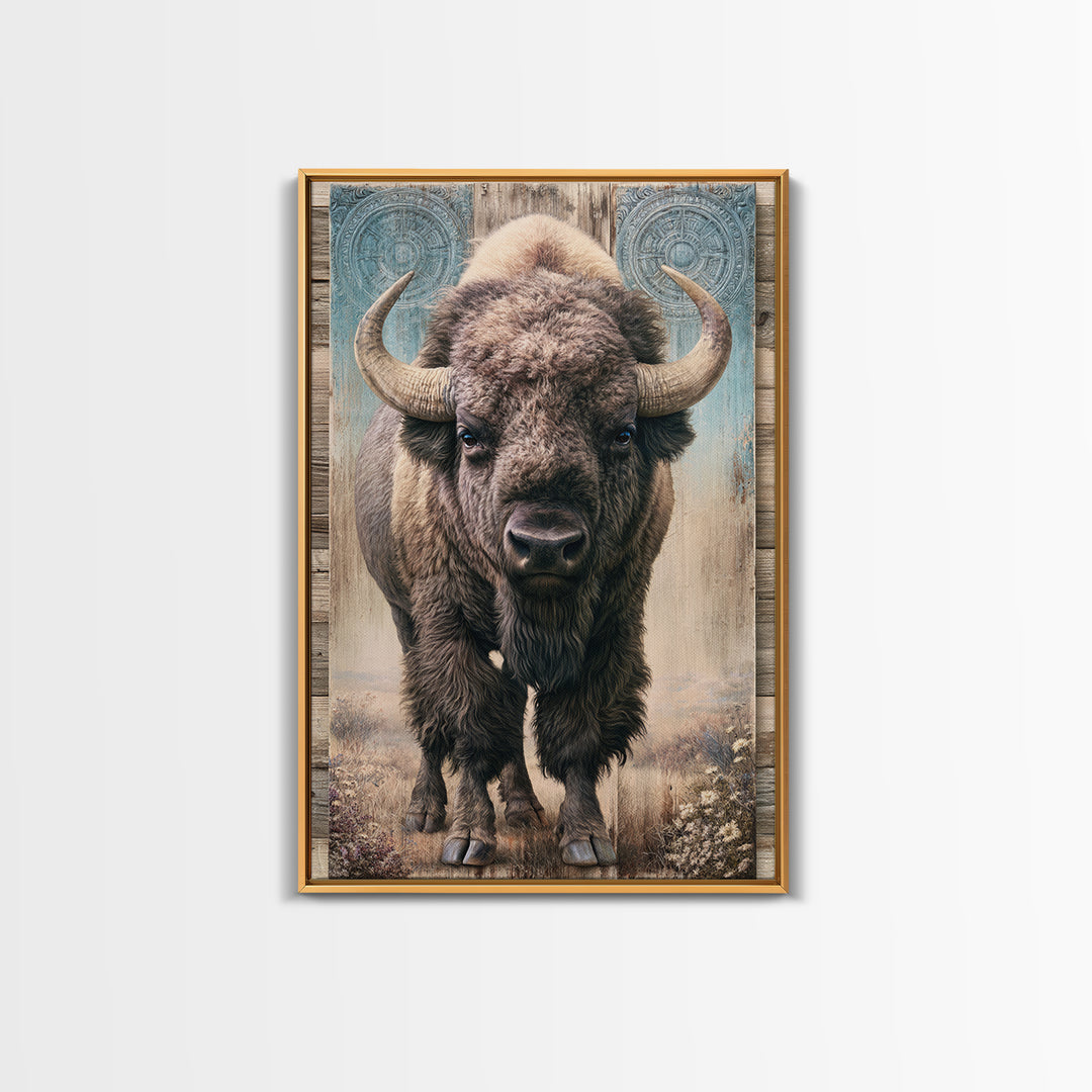 Buffalo Portrait with Western Texture Framed Canvas Print, Rustic Art, Digital Prints, Farmhouse Decor, Oil Painting, Rustic, RUS-2x3-78