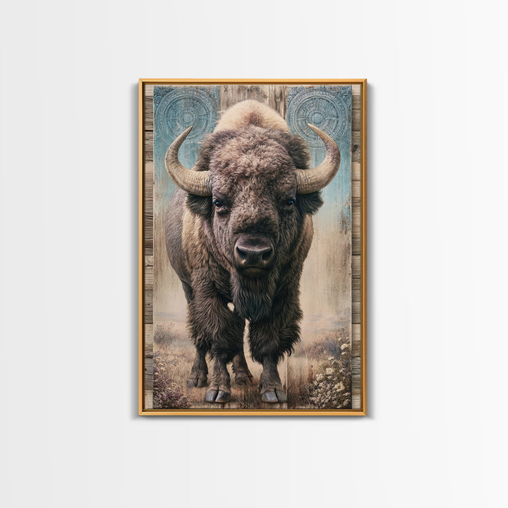 Buffalo Portrait with Western Texture Framed Canvas Print, Rustic Art, Digital Prints, Farmhouse Decor, Oil Painting, Rustic, RUS-2x3-78