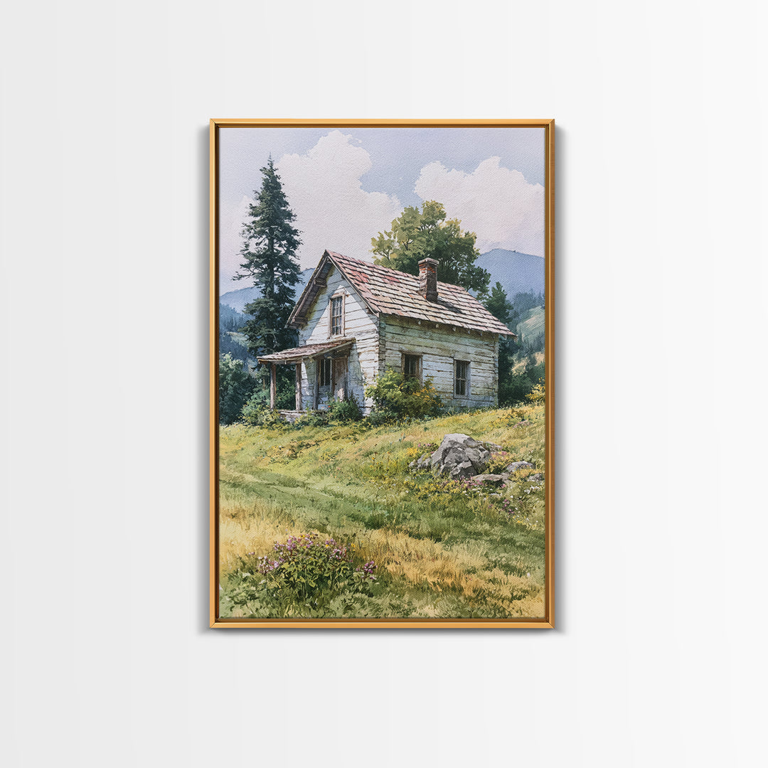 Mountain Cabin Landscape Framed Canvas Print, Rustic Art, Abstract Wall Art, Farmhouse Decor, Fine Art, Rustic, Landscape Art, RUS-2x3-83