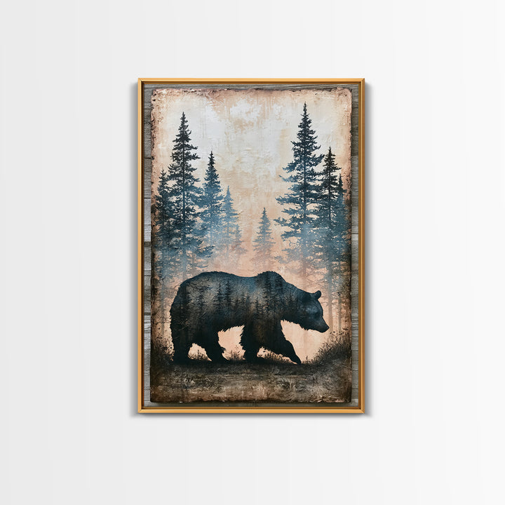 Bear Silhouette Among Pine Trees Framed Canvas Print, Rustic Art, Boho Wall Art, Farmhouse Decor, Rustic, Downloadable Art, RUS-2x3-87