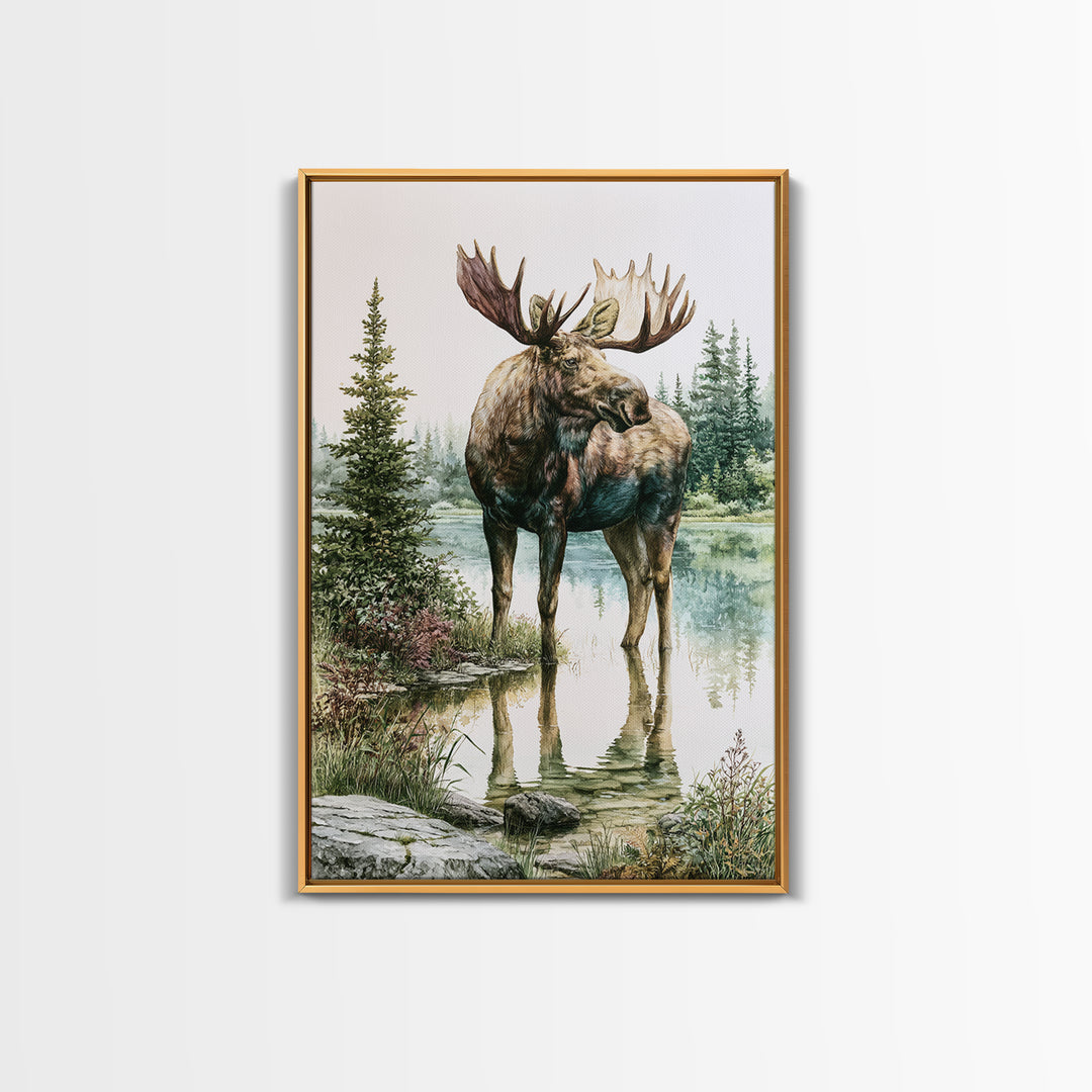 Moose Standing by a Quiet Lake Framed Canvas Print, Rustic Art, Boho Wall Art, Farmhouse Decor, Rustic, Downloadable Art, RUS-2x3-89