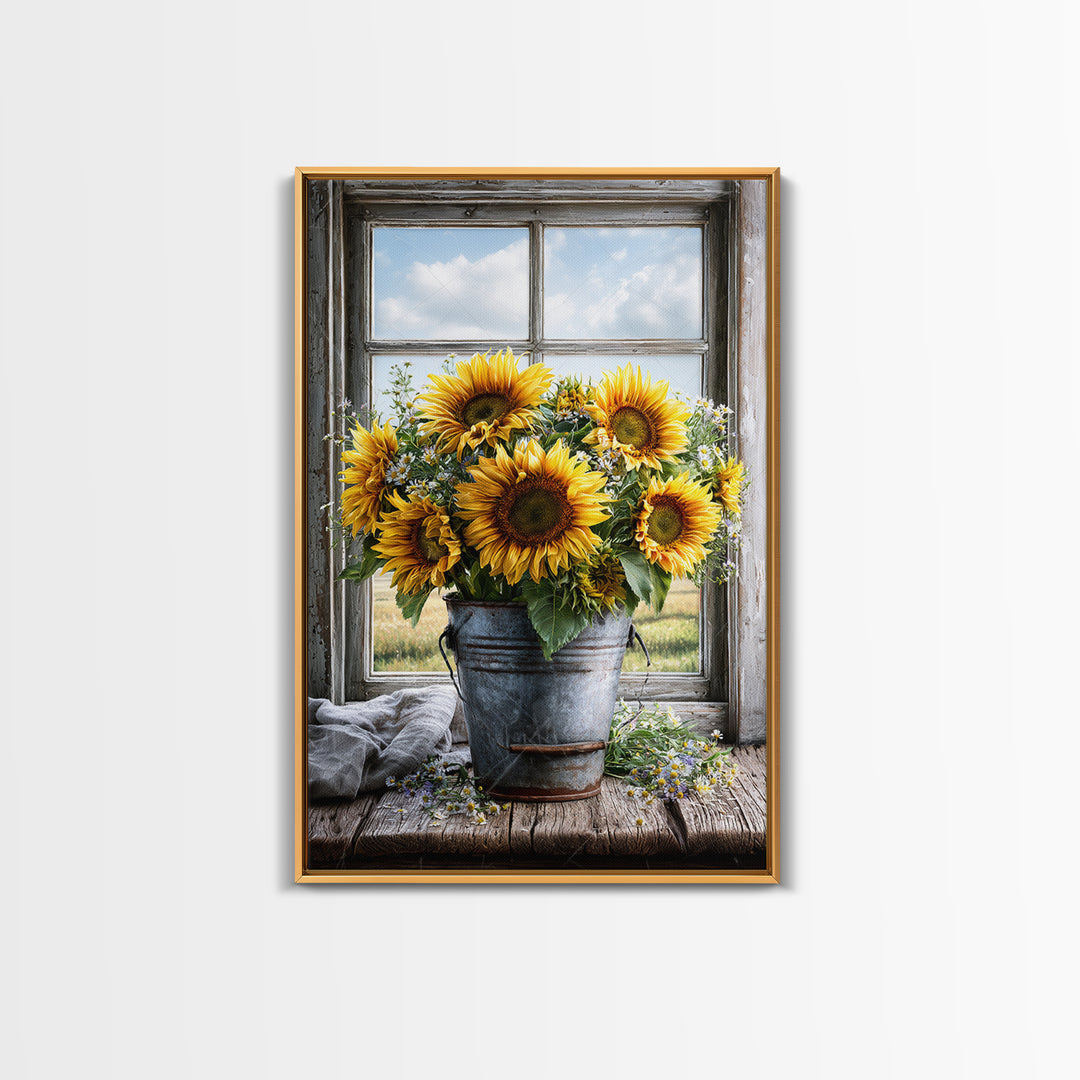 Sunflowers in a Metal Bucket Framed Canvas Print, Rustic Art, Gallery Decor, Farmhouse Decor, Fine Art, Rustic, RUS-2x3-92