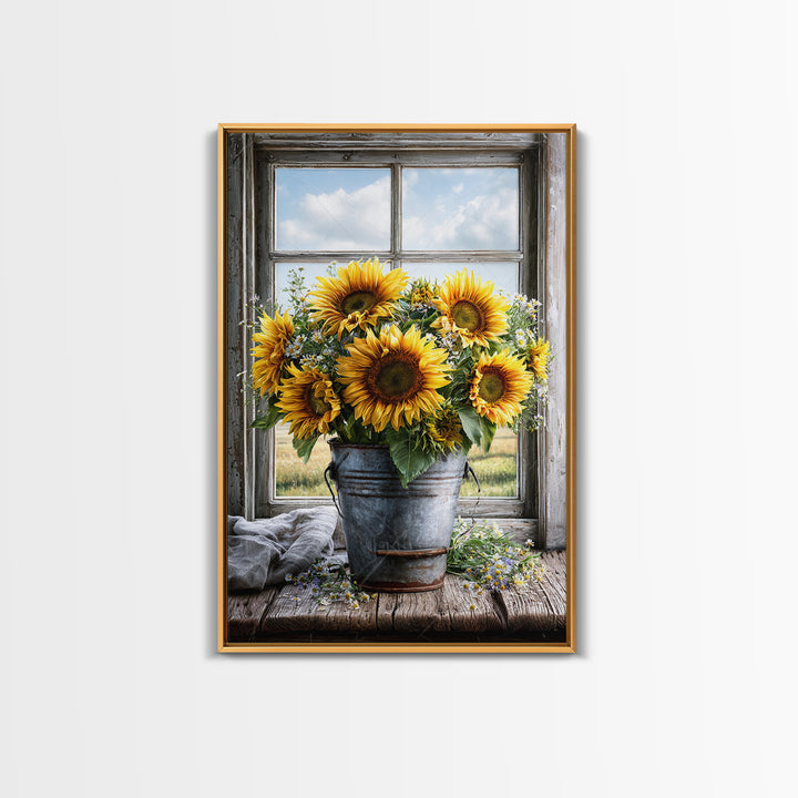 Sunflowers in a Metal Bucket Framed Canvas Print, Rustic Art, Gallery Decor, Farmhouse Decor, Fine Art, Rustic, RUS-2x3-92