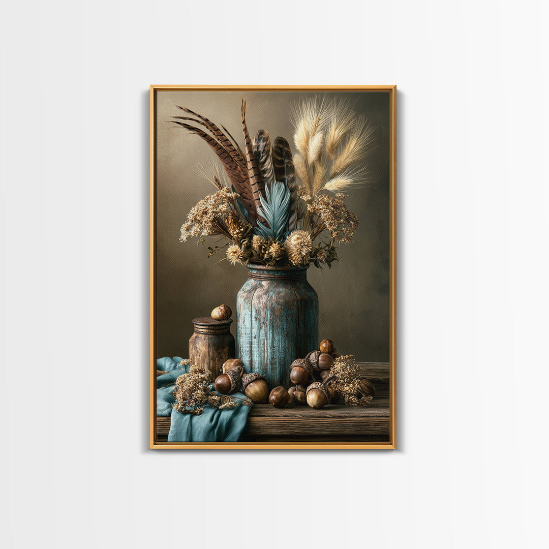 Pheasant Feathers and Acorns Arrangement Canvas Print, Rustic Art, Digital Print, Farmhouse Decor, Rustic, Landscape Painting, RUS-2x3-96