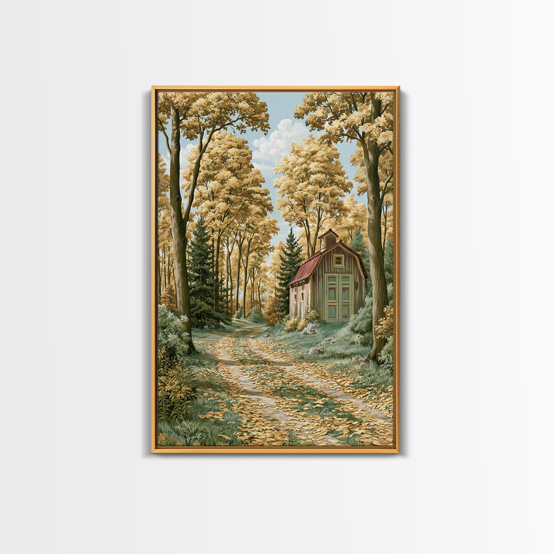 Forest Path with Golden Autumn Leaves Framed Canvas Print, Rustic Art, Painting, Farmhouse Decor, Rustic, Boho Wall Art, RUS-2x3-98