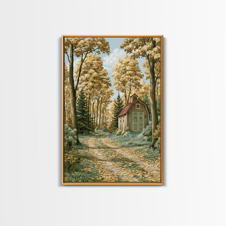 Forest Path with Golden Autumn Leaves Framed Canvas Print, Rustic Art, Painting, Farmhouse Decor, Rustic, Boho Wall Art, RUS-2x3-98