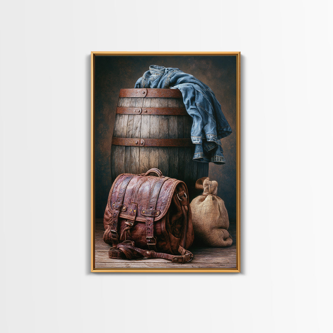 Whiskey Barrel and Leather Still Life Canvas Print, Rustic Art, Farmhouse Decor, Rustic, Gallery Wall Art, Landscape Wall Art, RUS-2x3-99
