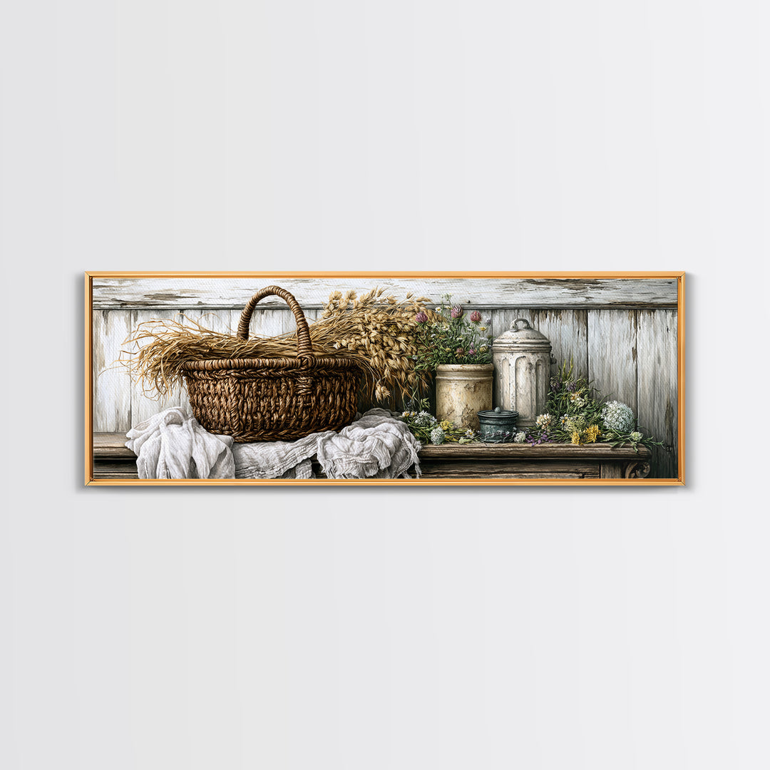 Handwoven Basket with Dried Grasses Canvas Print, Rustic Art, Wood Art, Farmhouse Decor, Fine Art, Rustic, Wall Decor, RUS-3x1-16