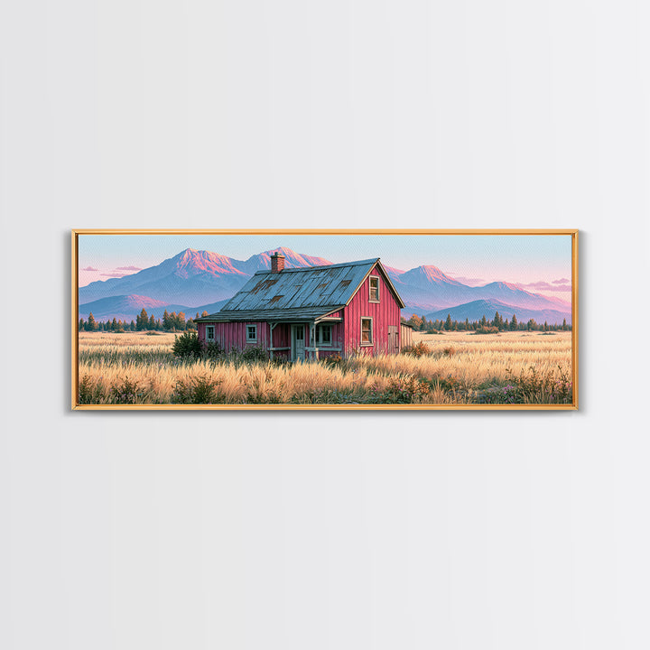 Mountain Cabin Landscape Canvas Print, Rustic Art, Fine Art Print, Farmhouse Decor, Fine Art, Rustic, Painting, Digital Prints, RUS-3x1-19