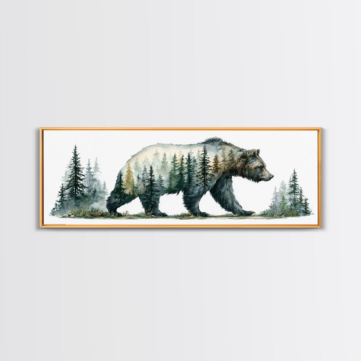 Bear Silhouette Among Pine Trees Framed Canvas Print, Rustic Art, Statement Artwork, Farmhouse Decor, Fine Art, Rustic, RUS-3x1-23