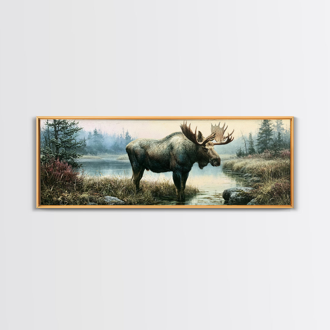 Moose Standing by a Quiet Lake Canvas Print, Rustic Art, Wood Art, Farmhouse Decor, Fine Art, Rustic, Wall Decor, Neutral Decor, RUS-3x1-25