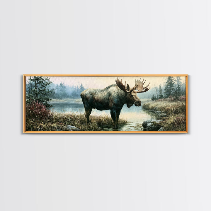 Moose Standing by a Quiet Lake Canvas Print, Rustic Art, Wood Art, Farmhouse Decor, Fine Art, Rustic, Wall Decor, Neutral Decor, RUS-3x1-25