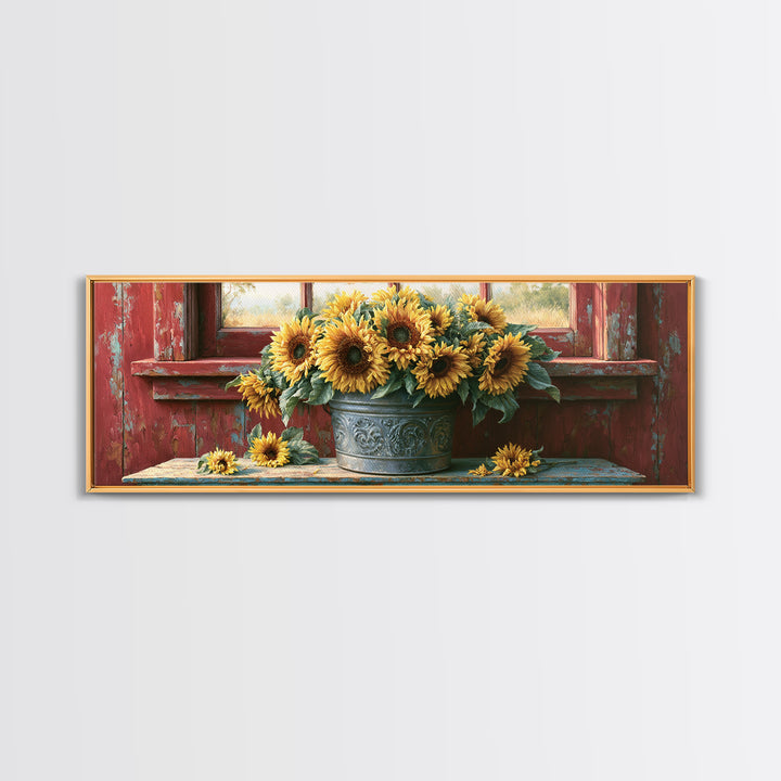 Sunflowers in a Metal Bucket Framed Canvas Print, Rustic Art, Downloadable Art, Farmhouse Decor, Watercolor Art, Rustic, RUS-3x1-28