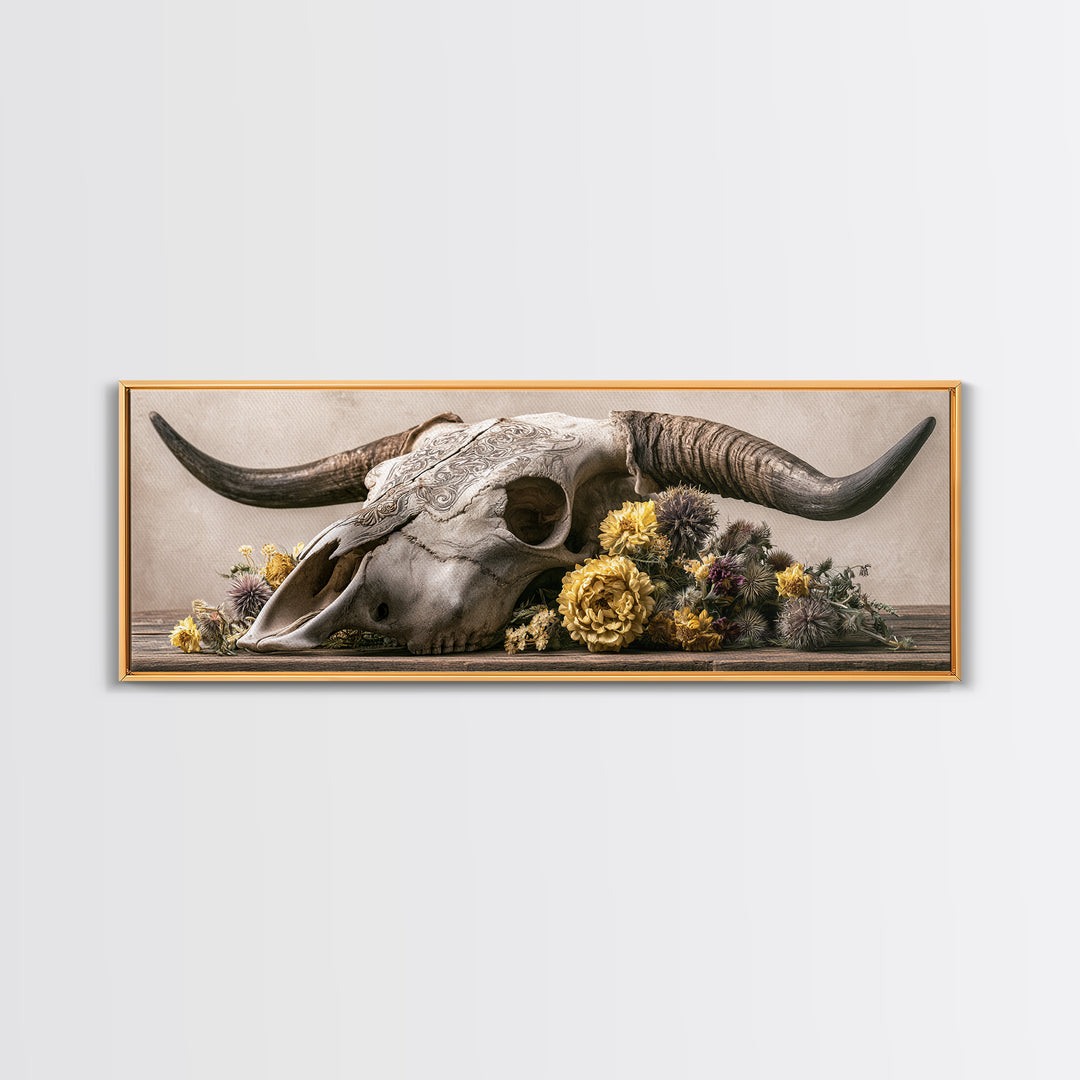 Cow Skull with Desert Flowers Canvas Print, Rustic Art, Boho Wall Art, Farmhouse Decor, Oil Painting, Rustic, Downloadable Art, RUS-3x1-33