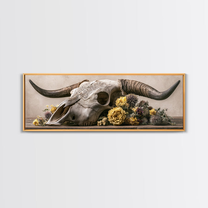 Cow Skull with Desert Flowers Canvas Print, Rustic Art, Boho Wall Art, Farmhouse Decor, Oil Painting, Rustic, Downloadable Art, RUS-3x1-33