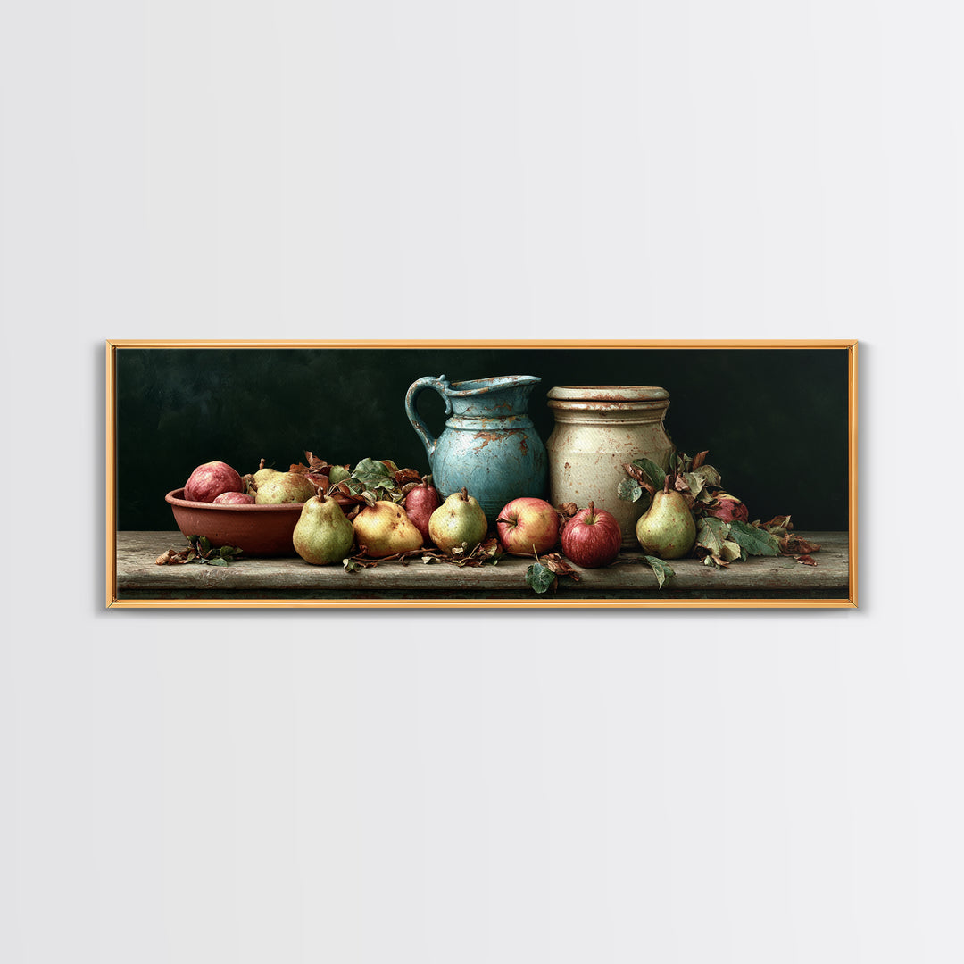 Rustic Pear and Apple Still Life Framed Canvas Print, Rustic Art, 3d Wall Art, Farmhouse Decor, Watercolor Art, Rustic, RUS-3x1-37