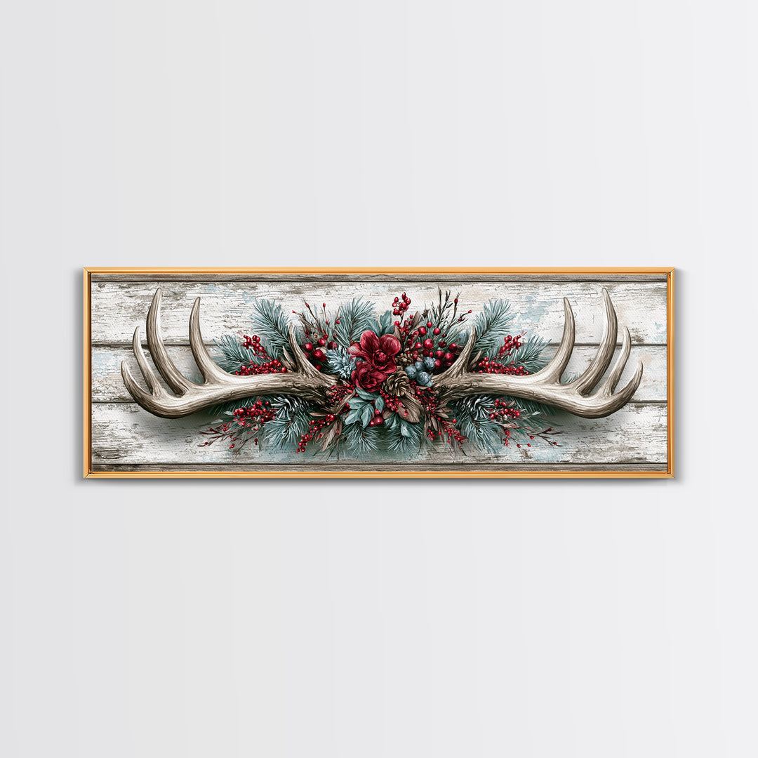 Deer Antlers with Pine Branches and Berries Canvas Print, Rustic Art, Abstract Wall Art, Farmhouse Decor, Watercolor Art, RUS-3x1-42