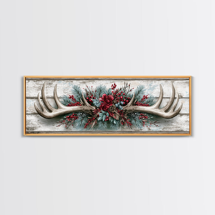 Deer Antlers with Pine Branches and Berries Canvas Print, Rustic Art, Abstract Wall Art, Farmhouse Decor, Watercolor Art, RUS-3x1-42