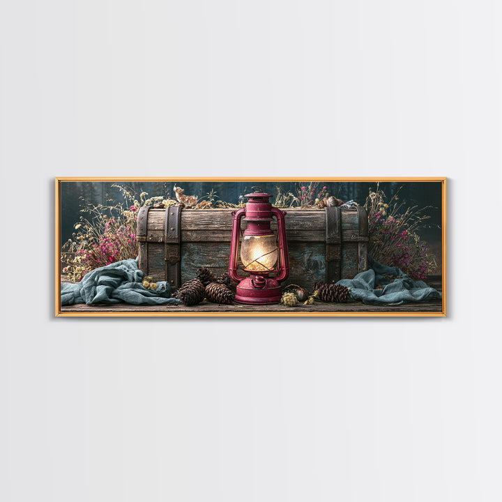 Rustic Lantern Glowing Beside Pinecones Framed Canvas Print, Rustic Art, Wall Decor, Farmhouse Decor, Fine Art, Rustic, RUS-3x1-44