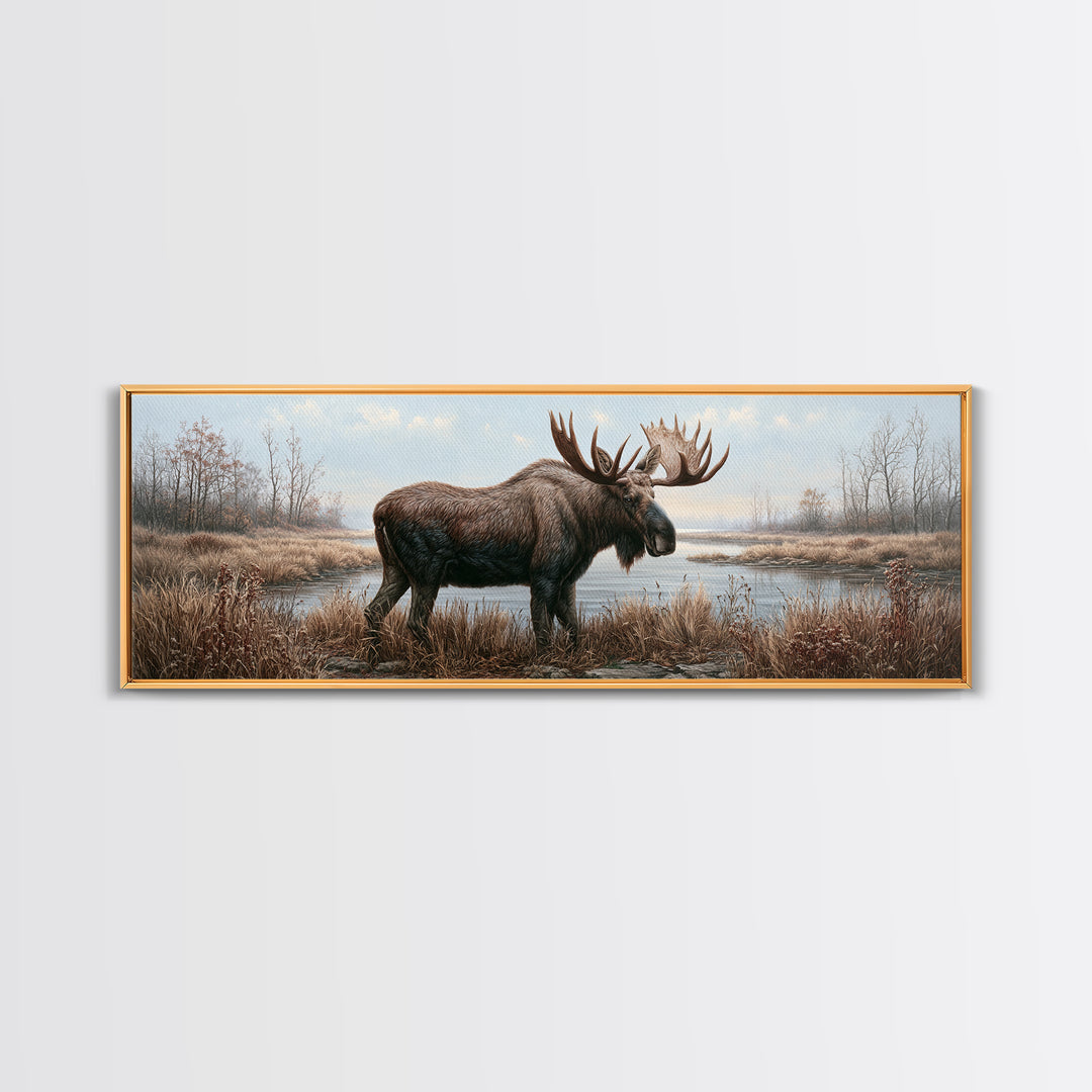 Moose Standing by a Quiet Lake Canvas Print, Rustic Art, Wood Art, Farmhouse Decor, Fine Art, Rustic, Wall Decor, Neutral Decor, RUS-3x1-49