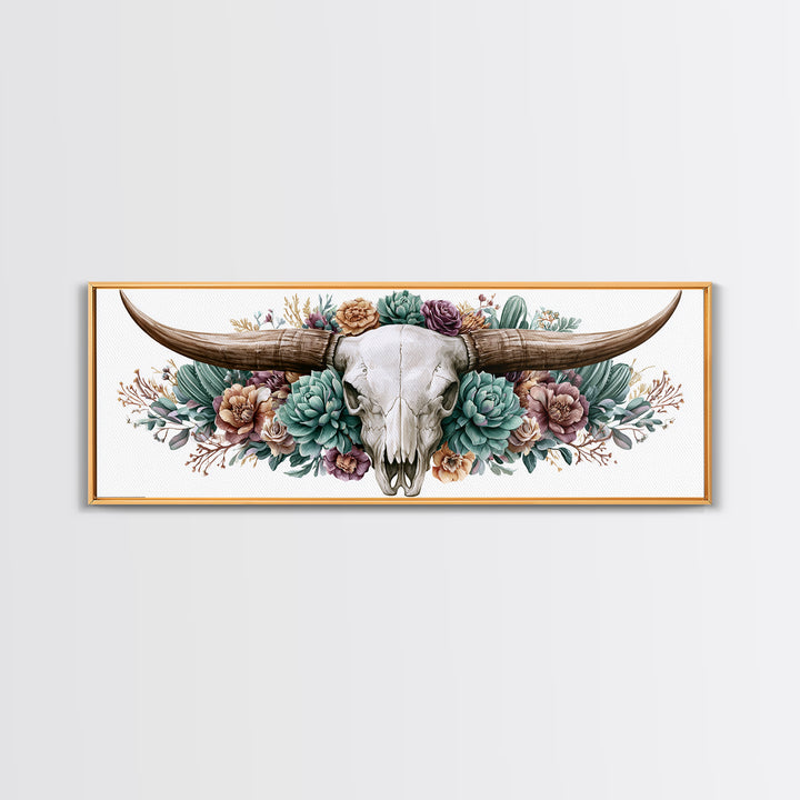 Cow Skull with Desert Flowers Framed Canvas Print, Rustic Art, Landscape Painting, Farmhouse Decor, Watercolor Art, Rustic, RUS-3x1-57