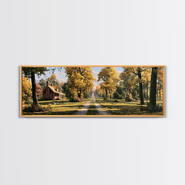 Forest Path with Golden Autumn Leaves Framed Canvas Print, Rustic Art, Farmhouse Decor, Oil Painting, Rustic, Gallery Wall Art, RUS-3x1-58