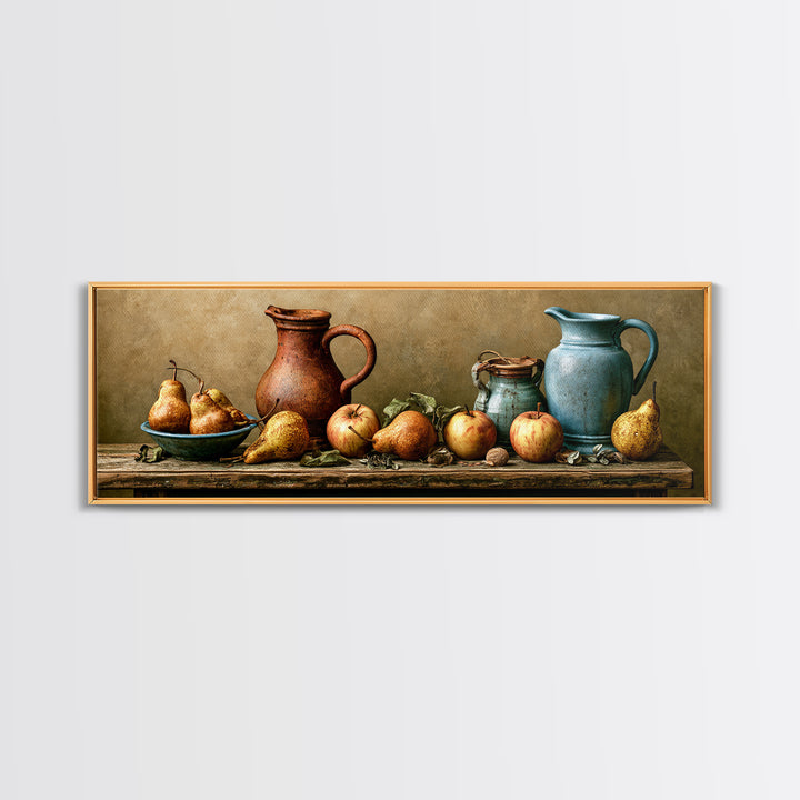 Rustic Pear and Apple Still Life Canvas Print, Rustic Art, Eclectic Wall Art, Farmhouse Decor, Oil Painting, Rustic, RUS-3x1-61