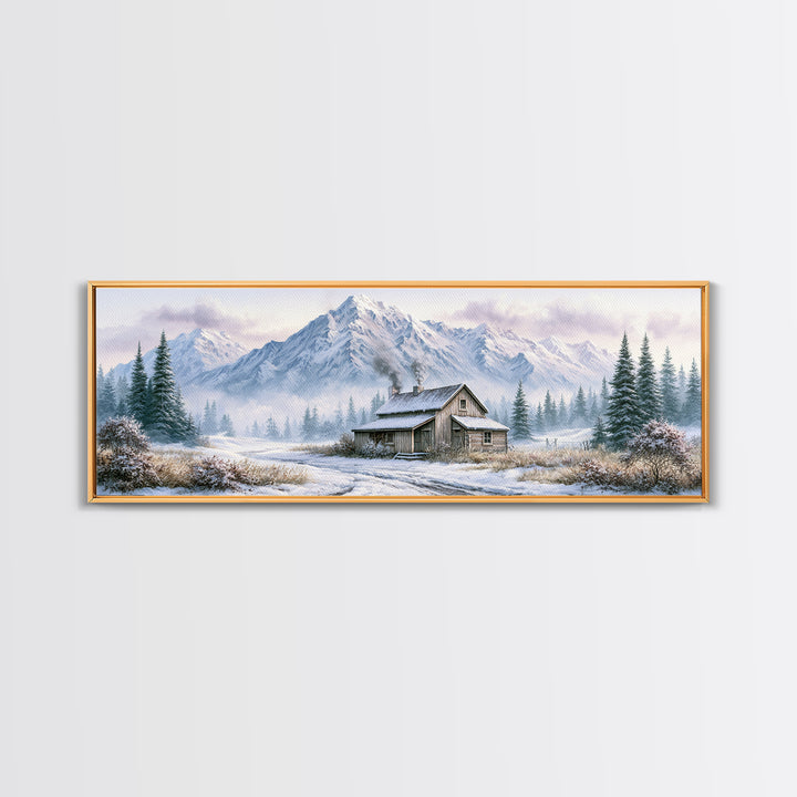 Winter Mountain Scene Framed Canvas Print, Rustic Art, Room Decor, Farmhouse Decor, Fine Art, Rustic, Oil Painting, RUS-3x1-63