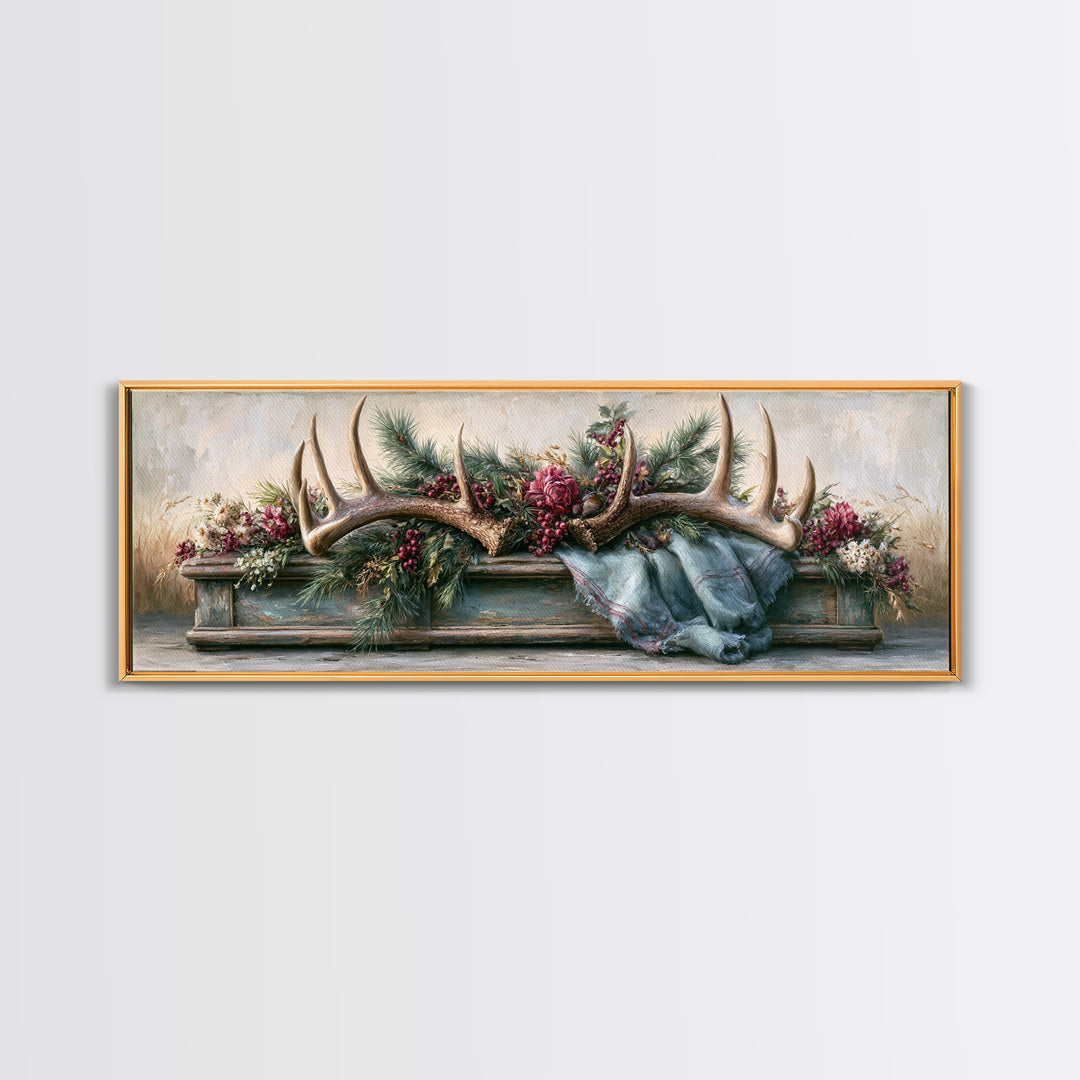 Deer Antlers with Pine Branches and Berries Canvas Print, Rustic Art, Abstract Wall Art, Farmhouse Decor, Watercolor Art, RUS-3x1-66
