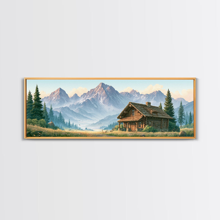 Mountain Cabin Landscape Framed Canvas Print, Rustic Art, Oil Painting, Farmhouse Decor, Fine Art, Rustic, Modern Art, RUS-3x1-67