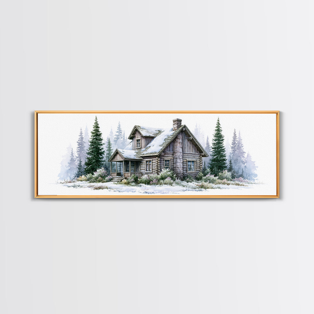 Log Cabin with Snowy Pines Framed Canvas Print, Rustic Art, Wall Decor, Farmhouse Decor, Fine Art, Rustic, Wall Art, Home Decor, RUS-3x1-7