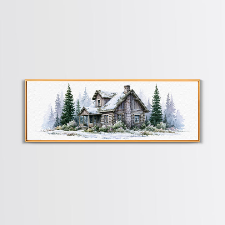 Log Cabin with Snowy Pines Framed Canvas Print, Rustic Art, Wall Decor, Farmhouse Decor, Fine Art, Rustic, Wall Art, Home Decor, RUS-3x1-7