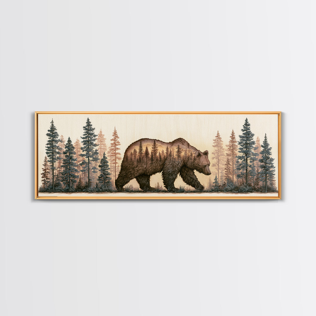 Bear Silhouette Among Pine Trees Canvas Print, Rustic Art, Digital Print, Farmhouse Decor, Fine Art, Rustic, Landscape Painting, RUS-3x1-71