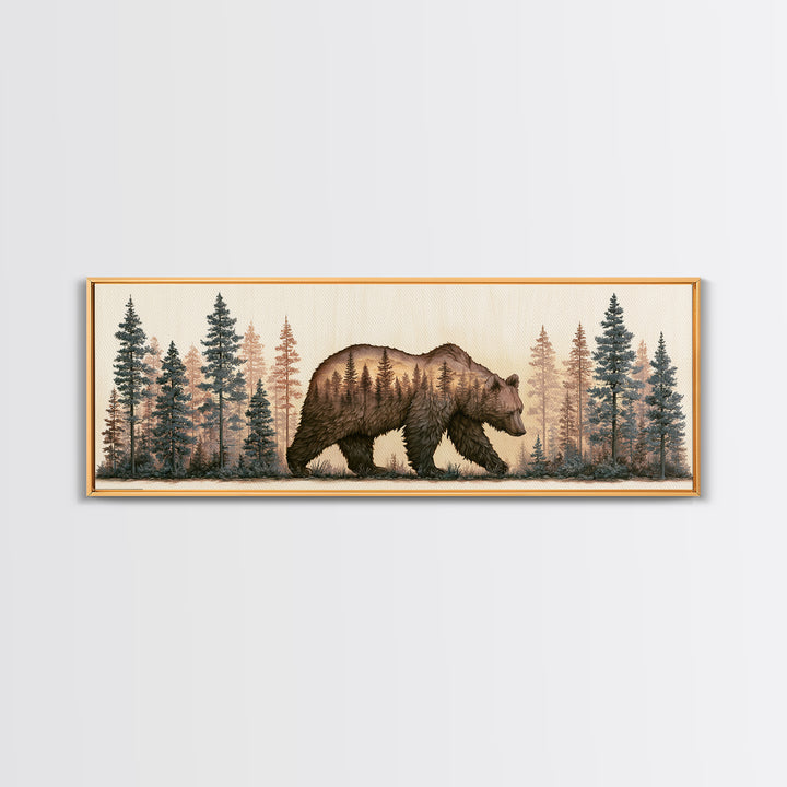 Bear Silhouette Among Pine Trees Canvas Print, Rustic Art, Digital Print, Farmhouse Decor, Fine Art, Rustic, Landscape Painting, RUS-3x1-71