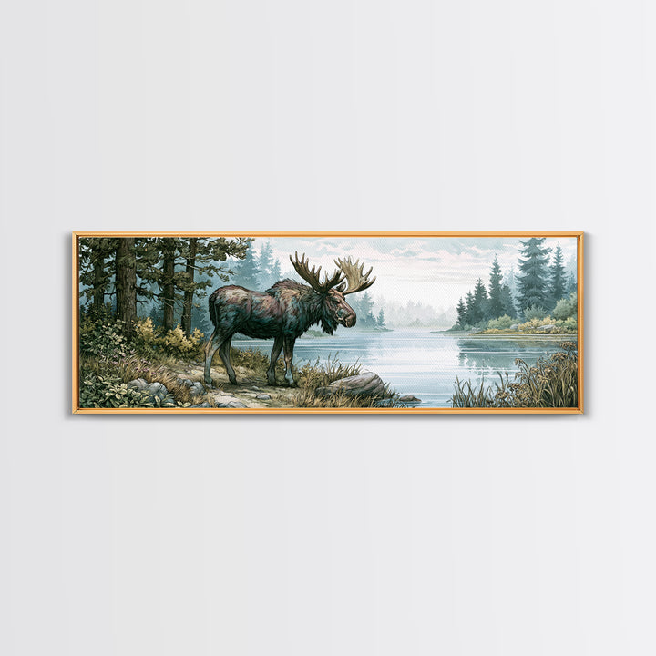 Moose Standing by a Quiet Lake Framed Canvas Print, Rustic Art, Gallery Wall Art, Farmhouse Decor, Oil Painting, Rustic, RUS-3x1-73