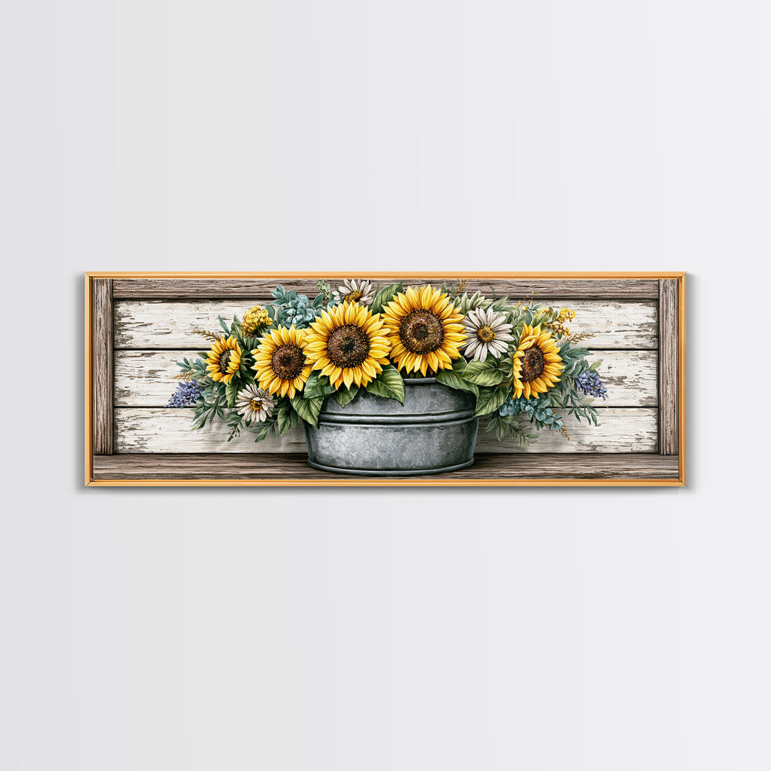 Sunflowers in a Metal Bucket Canvas Print, Rustic Art, Home Decor, Farmhouse Decor, Oil Painting, Rustic, Living Room Decor, RUS-3x1-76