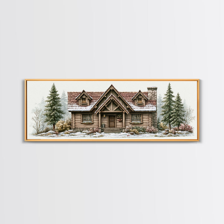 Log Cabin with Snowy Pines Framed Canvas Print, Rustic Art, Printable Art, Farmhouse Decor, Oil Painting, Rustic, RUS-3x1-79