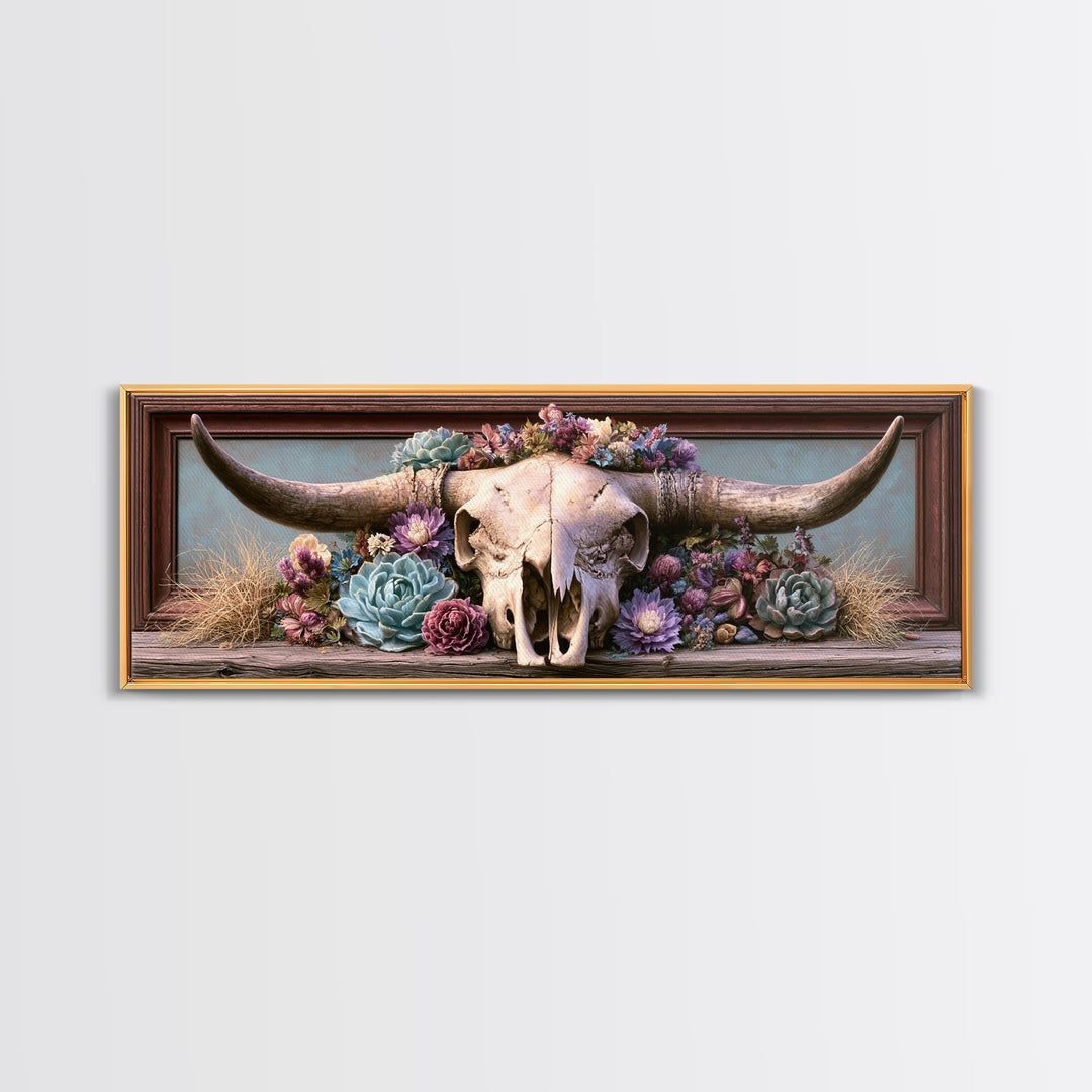 Cow Skull with Desert Flowers Framed Canvas Print, Rustic Art, Landscape Painting, Farmhouse Decor, Watercolor Art, Rustic, RUS-3x1-81