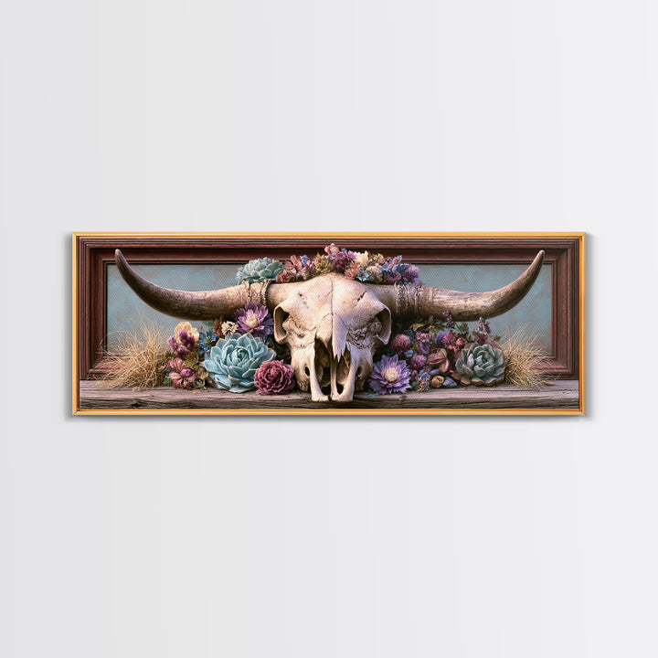 Cow Skull with Desert Flowers Framed Canvas Print, Rustic Art, Landscape Painting, Farmhouse Decor, Watercolor Art, Rustic, RUS-3x1-81