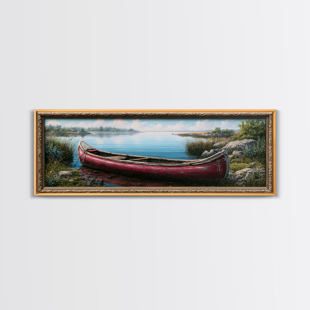 Old Canoe Pulled Onto a Lake Shore Framed Canvas Print, Rustic Art, Painting, Farmhouse Decor, Fine Art, Rustic, Boho Wall Art, RUS-3x1-84