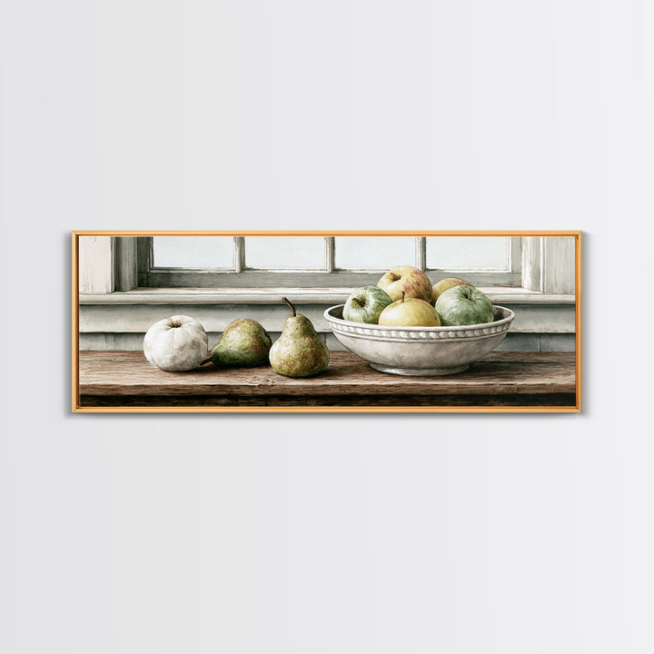 Rustic Pear and Apple Still Life Canvas Print, Rustic Art, Eclectic Wall Art, Farmhouse Decor, Oil Painting, Rustic, RUS-3x1-85