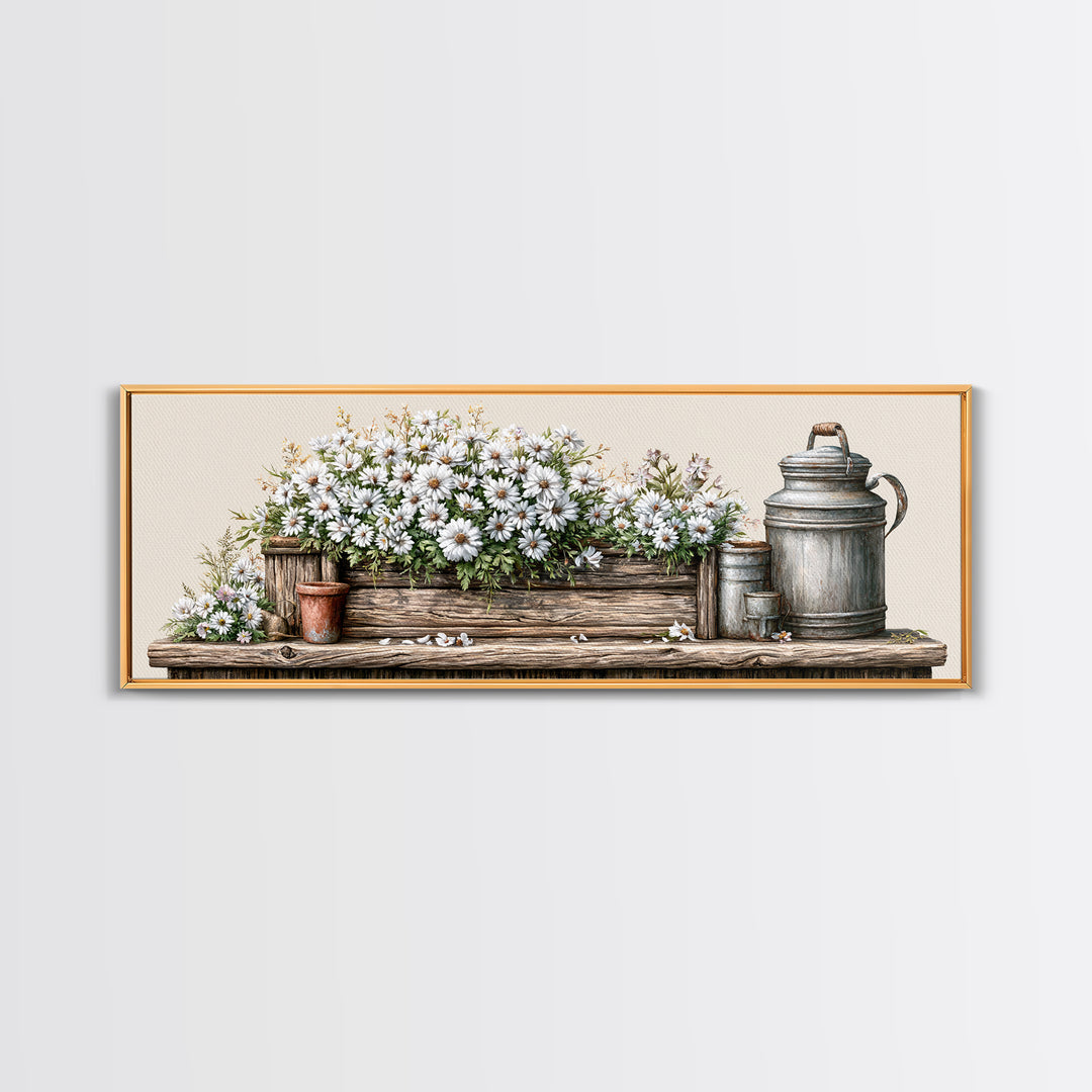 Weathered Barn Wood and Wildflower Still Life Framed Canvas Print, Rustic Art, Living Room Art, Farmhouse Decor, Rustic, RUS-3x1-89
