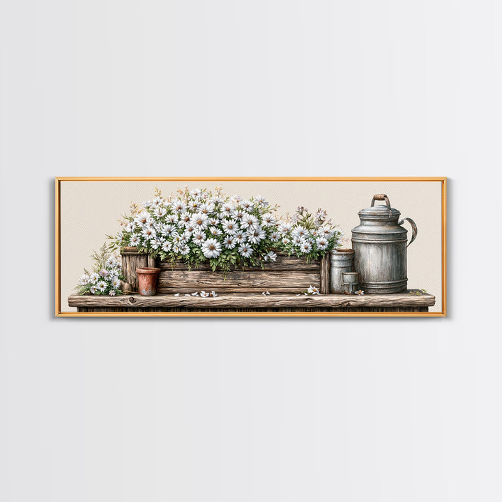 Weathered Barn Wood and Wildflower Still Life Framed Canvas Print, Rustic Art, Living Room Art, Farmhouse Decor, Rustic, RUS-3x1-89