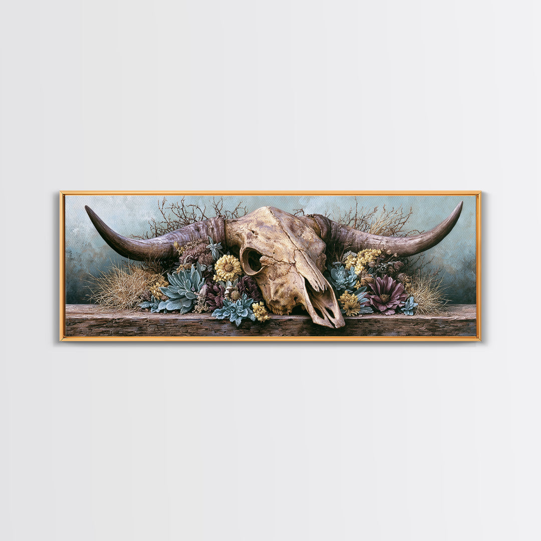 Cow Skull with Desert Flowers Framed Canvas Print, Rustic Art, Wood Wall Art, Farmhouse Decor, Rustic, Eclectic Wall Art, RUS-3x1-9