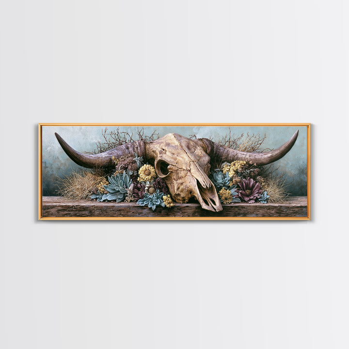 Cow Skull with Desert Flowers Framed Canvas Print, Rustic Art, Wood Wall Art, Farmhouse Decor, Rustic, Eclectic Wall Art, RUS-3x1-9