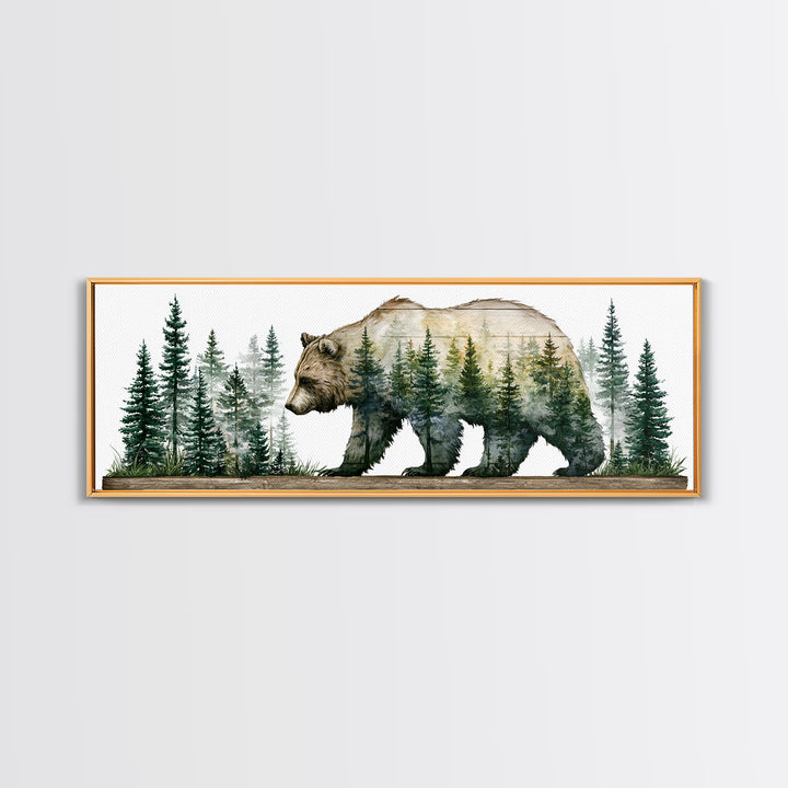 Bear Silhouette Among Pine Trees Canvas Print, Rustic Art, Textured Painting, Farmhouse Decor, Oil Painting, Rustic, RUS-3x1-95