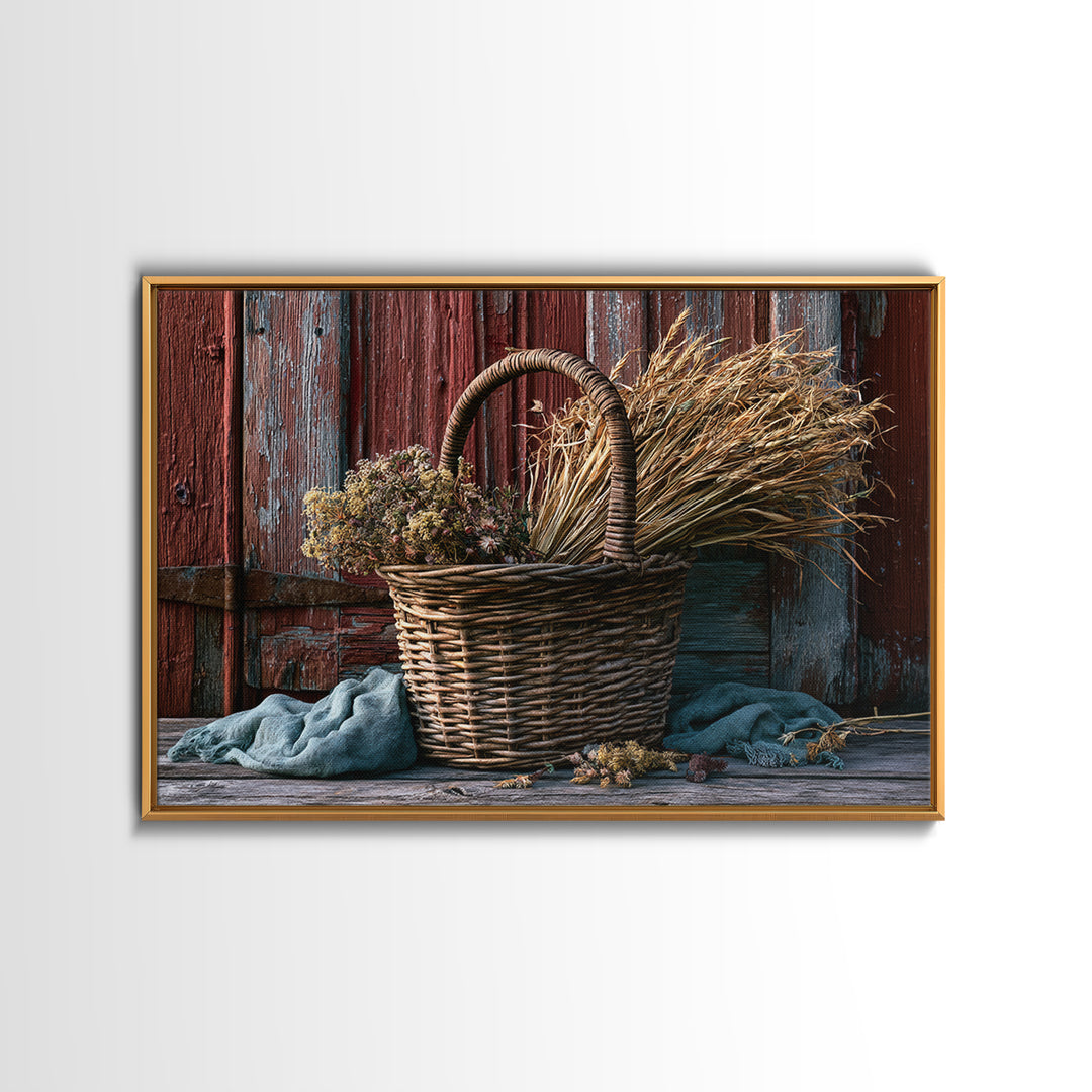Handwoven Basket with Dried Grasses Framed Canvas Print, Rustic Art, Modern Decor, Farmhouse Decor, Oil Painting, Rustic, RUS-3x2-100