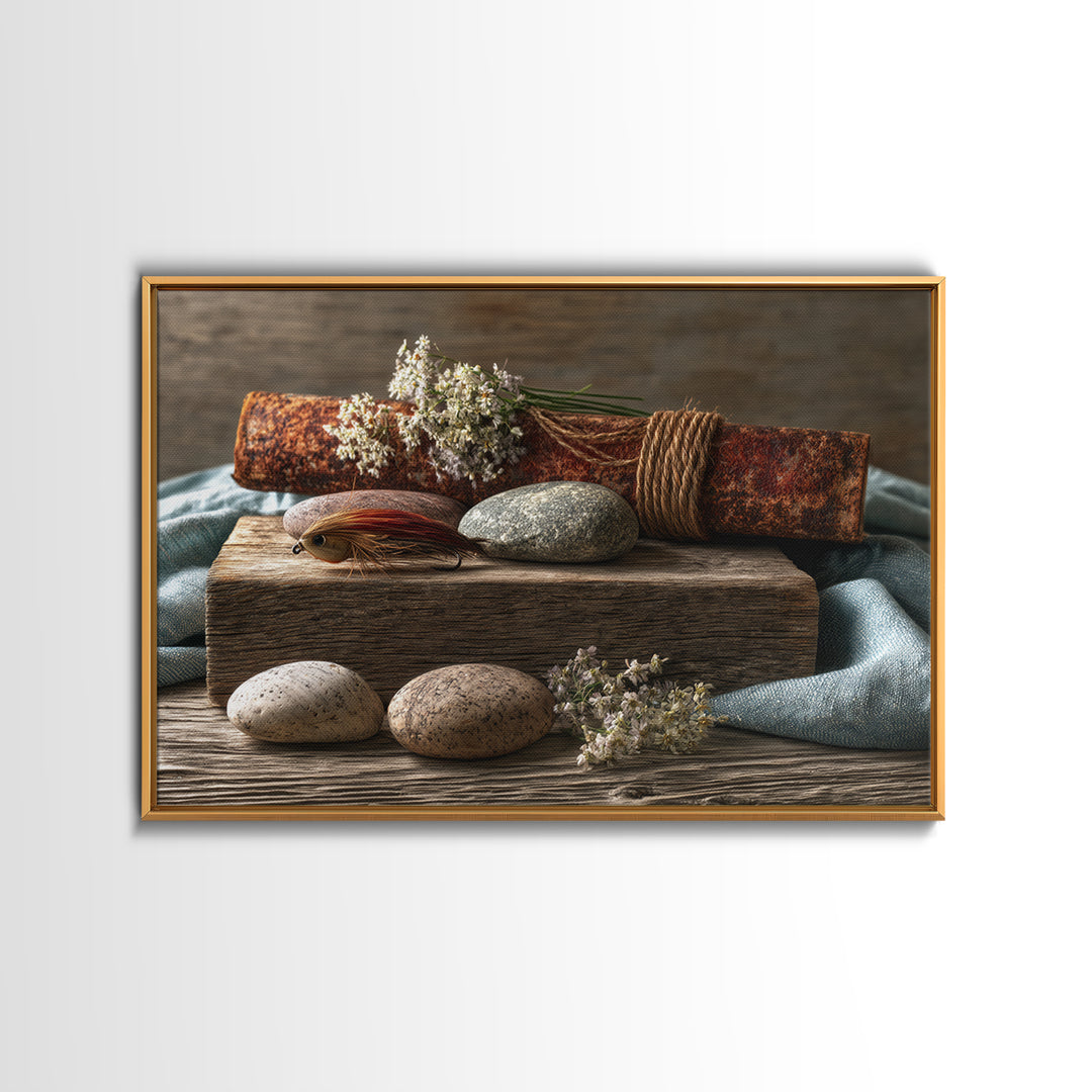 Trout Fishing Lure and River Stones Framed Canvas Print, Rustic Art, Oil Painting, Farmhouse Decor, Fine Art, Rustic, RUS-3x2-18