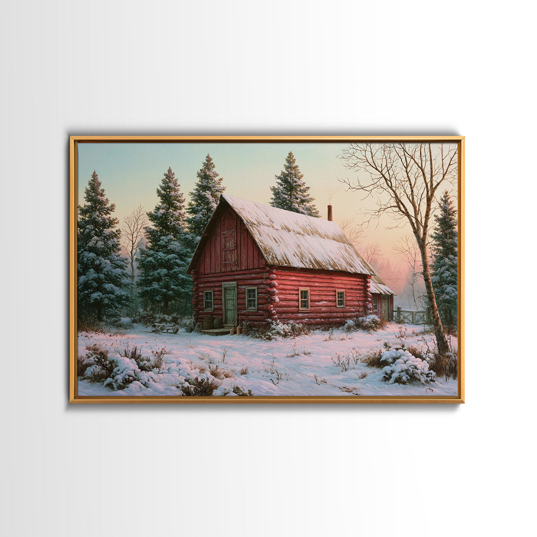 Log Cabin with Snowy Pines Framed Canvas Print, Rustic Art, Farmhouse Wall Art, Farmhouse Decor, Rustic, Statement Artwork, RUS-3x2-19