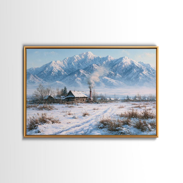 Winter Mountain Scene Framed Canvas Print, Rustic Art, Wood Art, Farmhouse Decor, Fine Art, Rustic, Wall Decor, Neutral Decor, RUS-3x2-27